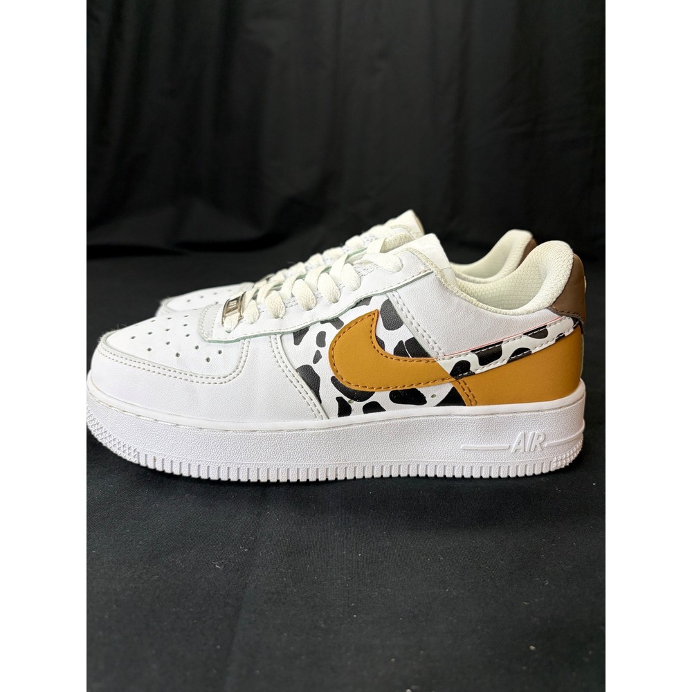 Nike Air Force 1 Low Animal Cow Print White Mustard Yellow Sneakers Womens 7.5 - Picture 3 of 16